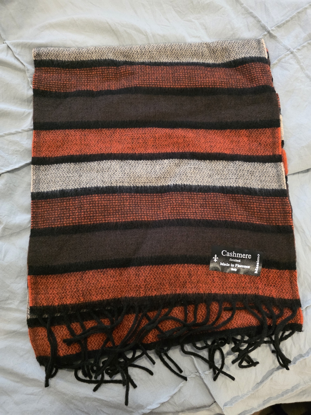Italian Cashmere Finished Scarf Made in Florence Orange Black Gray Fring
